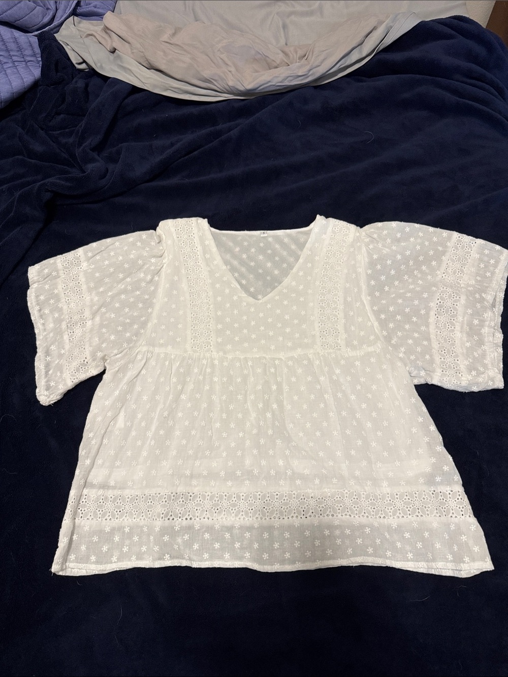 White Eyelet V‑Neck Peasant Blouse